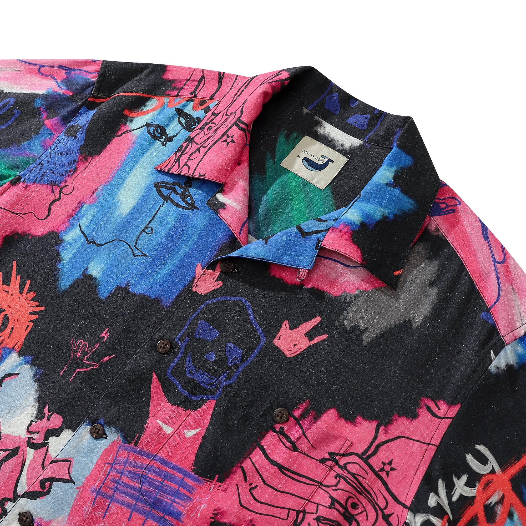 Abstract Human Face Swag Pink Black Silk Shirt Short-sleeve Party