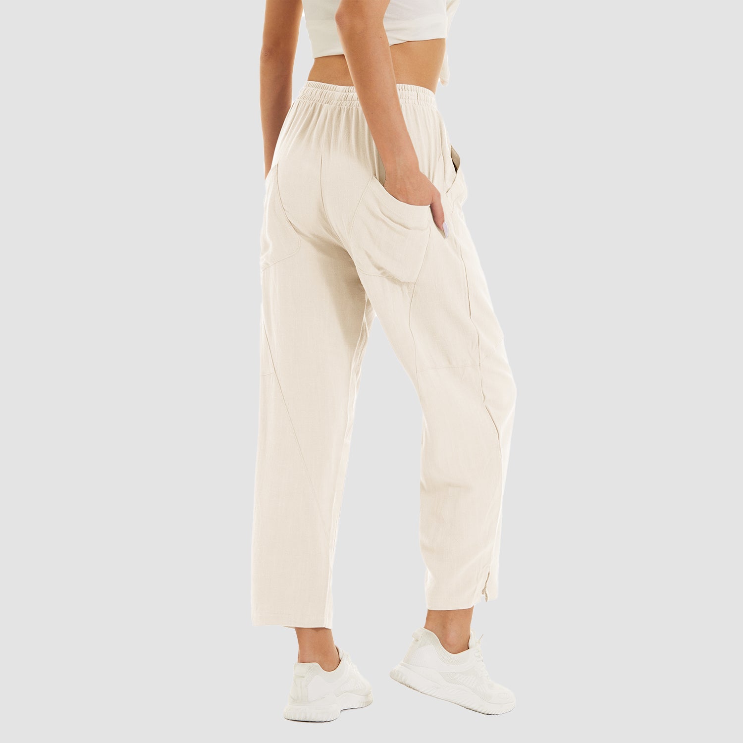 Women's Cotton Linen Pants High Waisted Summer Casual Pants Drawstring with 4 Pockets