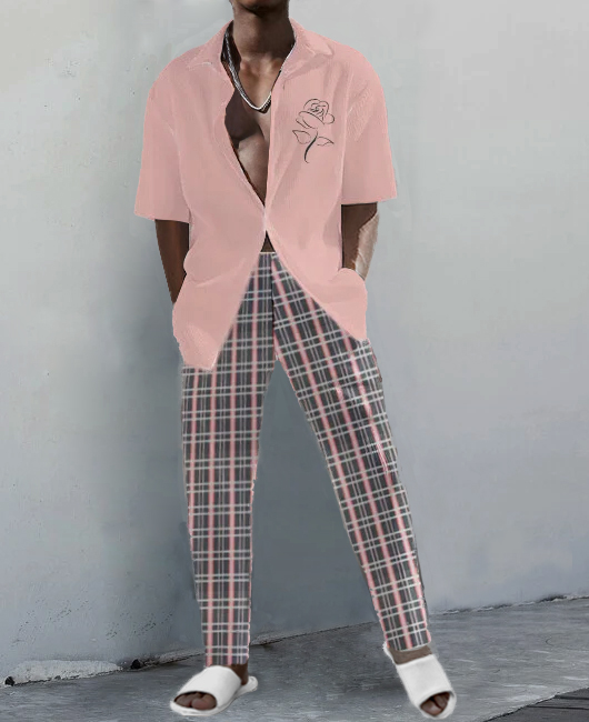 OK Elegant Plain Floral Lapel Collar Short Sleeve Shirt & Plaid Pants 2Pcs Set