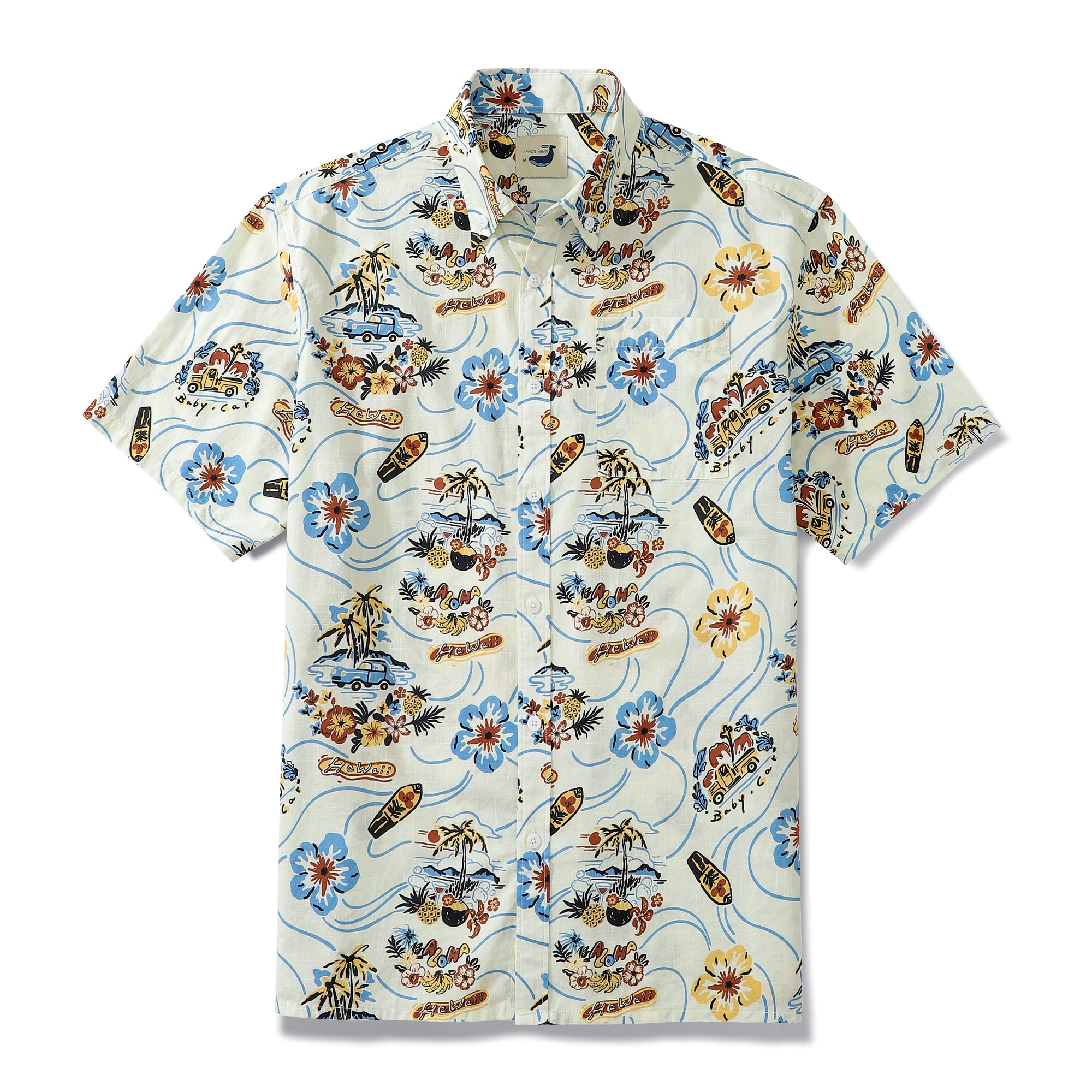 Vintage Car Surfboard Vacation State Men's Button-down Shirt 100% Cotton