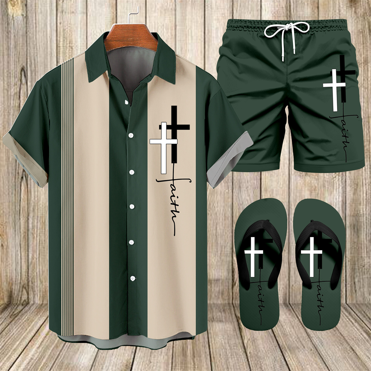 Men's Hawaii Vacations Print Shirt Three-Piece Set 056