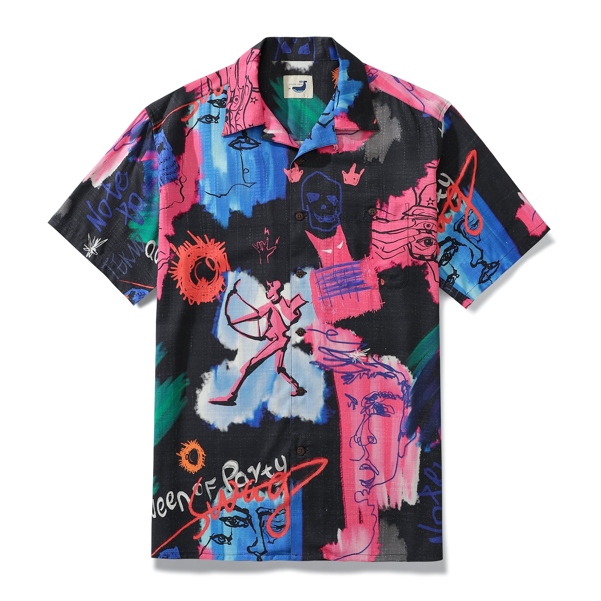 Abstract Human Face Swag Pink Black Silk Shirt Short-sleeve Party