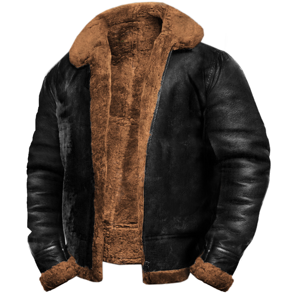 Men's Outdoor Vintage Thickened Fleece PU Jacket