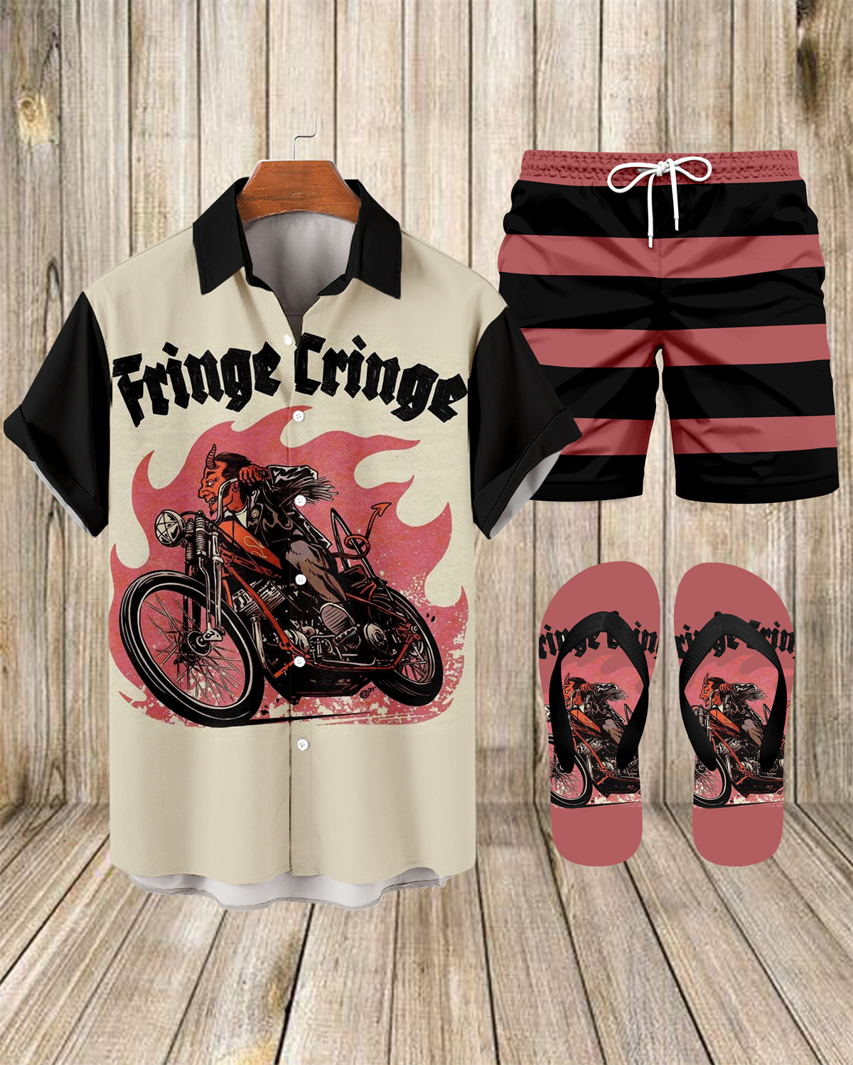 Men's Modified Motorcycle Print Shirt Three-Piece Set 069
