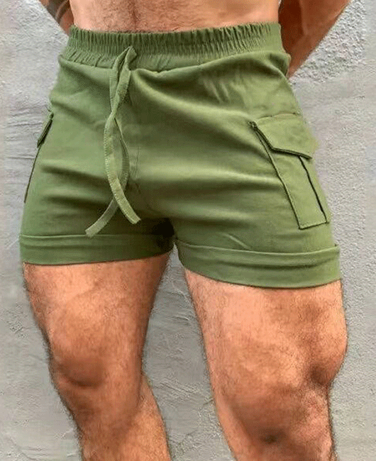 Sporty Plain Elastic Waist Drawstring Pocket Straight Shorts