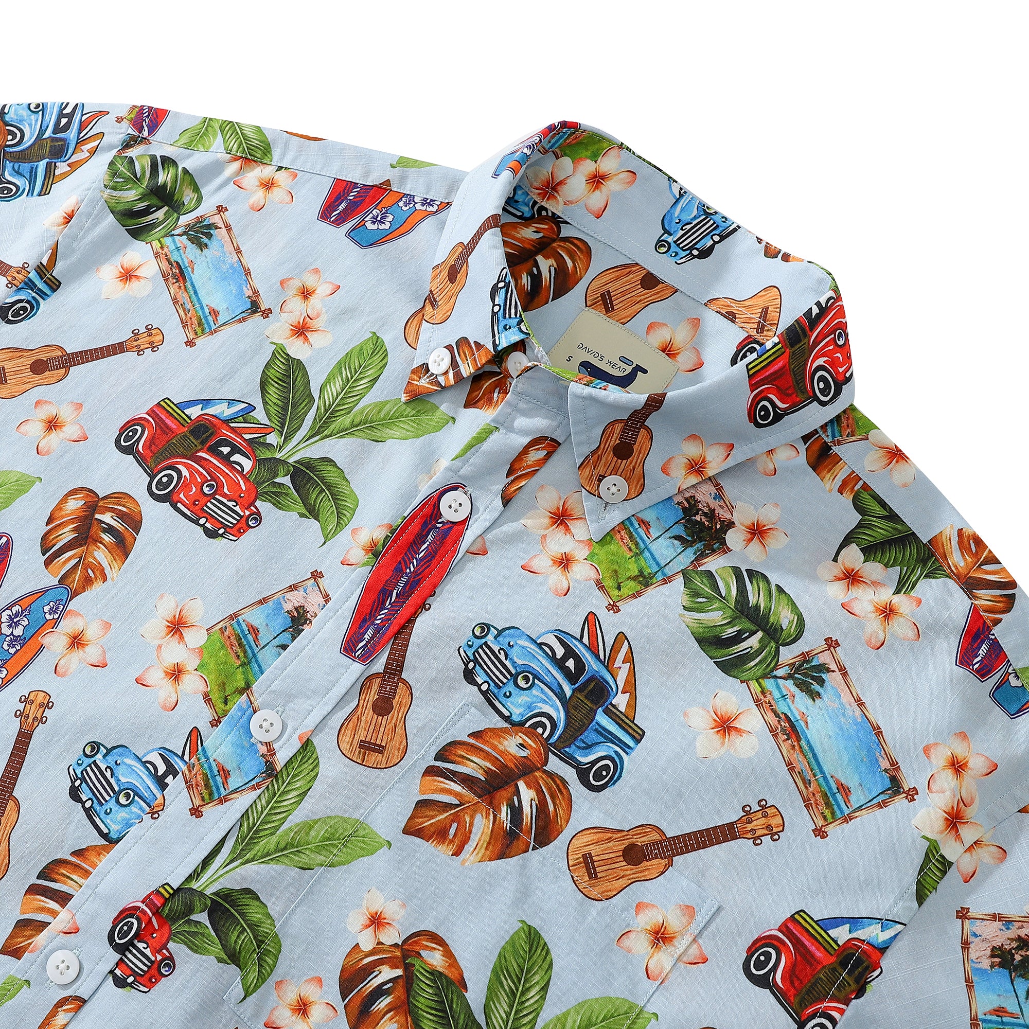 Vintage Car And Ukulele Print Men's Button-down Shirt 100% Cotton