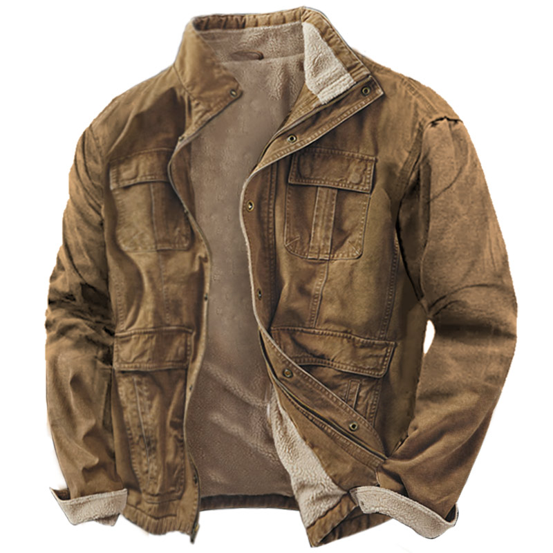 Men's Vintage Outdoor Functional Pocket Fleece Lined Thermal Jacket